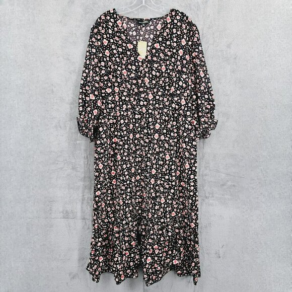 Suzanne Betro Dress 2X Black Red White Leopard Print V Neck Ruffle Trim Midi New - Picture 1 of 13